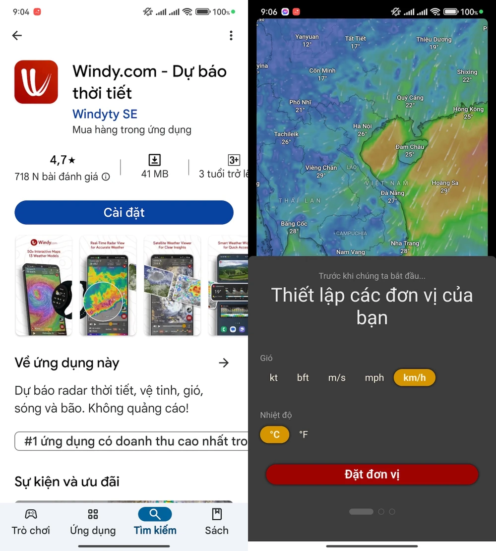 Cài đặt ứng dụng Windy trên điện thoại. Ảnh: MINH HOÀNG
