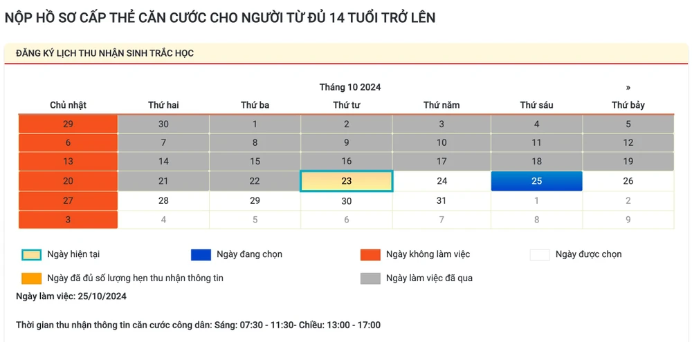 Chọn thời gian thu nhận sinh trắc học. Ảnh: MINH HOÀNG
