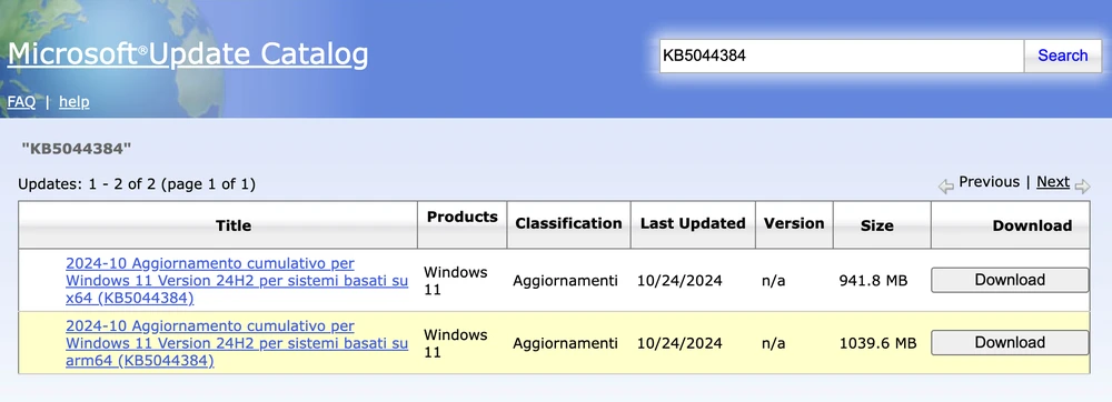 Cài đặt bản vá KB5044384 thông qua Microsoft Update Catalog. Ảnh: TIỂU MINH