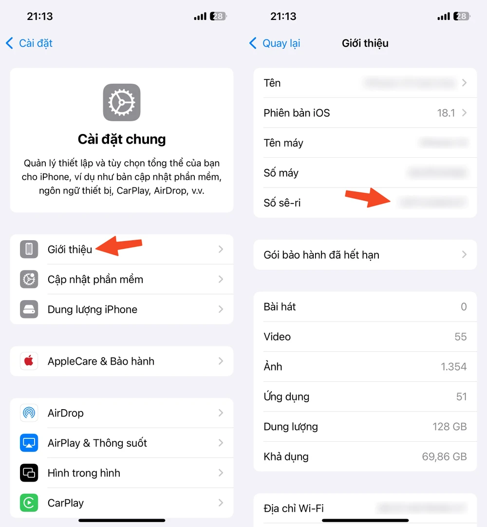 Cách sao chép số sê-ri trên iPhone. Ảnh: TIỂU MINH