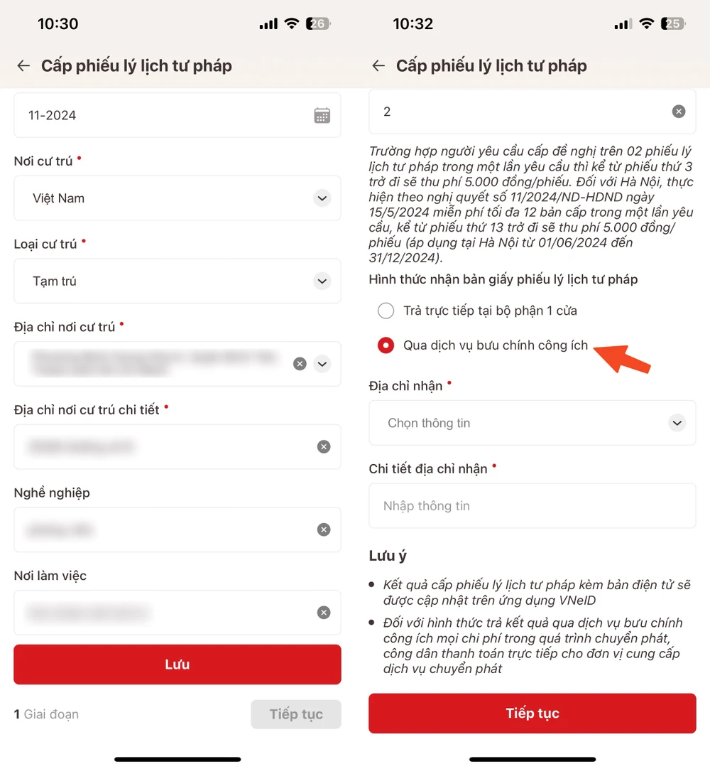 Điền thông tin và đăng ký nhận phiếu lý lịch tư pháp thông qua bưu điện. Ảnh: MINH HOÀNG