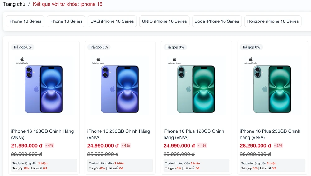 Hiện tại iPhone 16 series đang được bán tại Việt Nam với giá 21,9 triệu đồng cho phiên bản 128 GB. Ảnh: TIỂU MINH