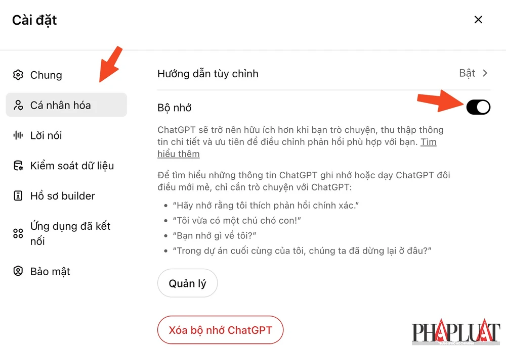 Bật tính năng Bộ nhớ để ChatGPT cung cấp câu trả lời tốt hơn. Ảnh: TIỂU MINH