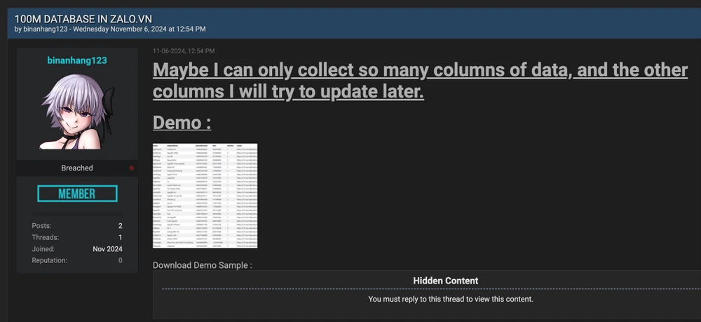 Thành viên binanhang123 rao bán dữ liệu 100 triệu người dùng Zalo trên một diễn đàn hacker. Ảnh chụp màn hình
