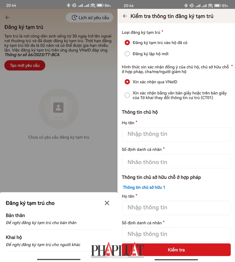 Điền đầy đủ các thông tin để đăng ký tạm trú trên ứng dụng VNeID. Ảnh: MINH HOÀNG