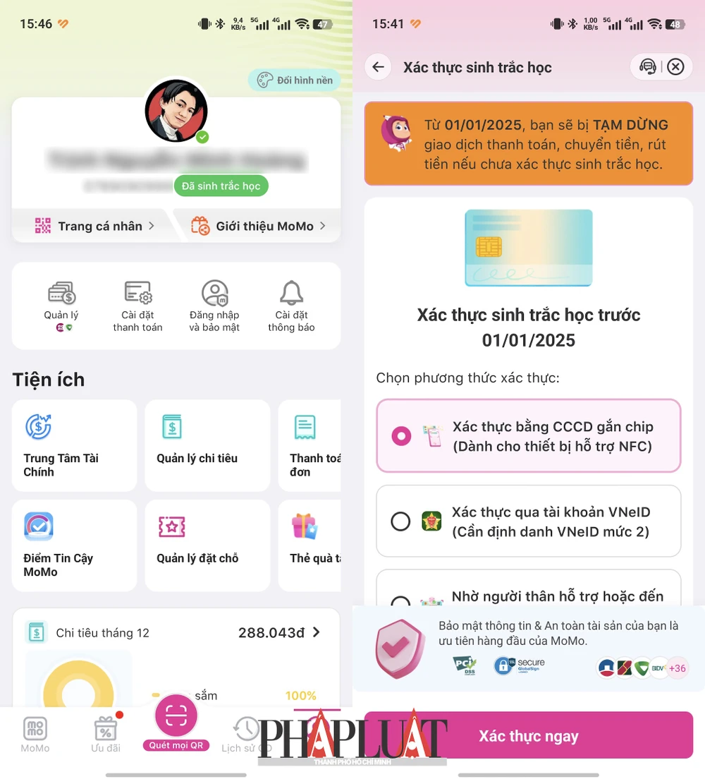 Xác thực sinh trắc học bằng ứng dụng VNeID trên các ví điện tử, ngân hàng ngay tại nhà. Ảnh: MINH HOÀNG