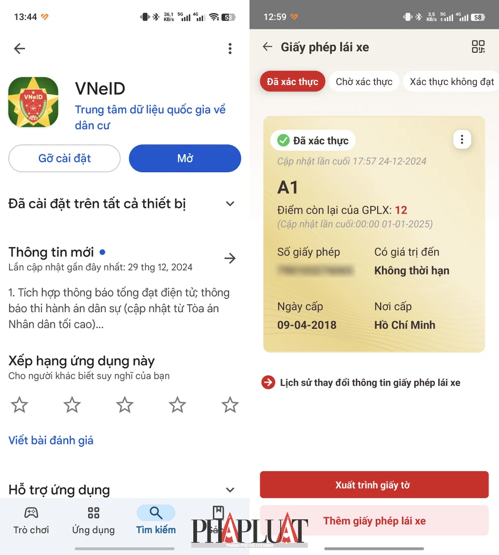 Ứng dụng VNeID 2.1.14 đã hiển thị điểm GPLX để người dùng kiểm tra. Ảnh: MINH HOÀNG