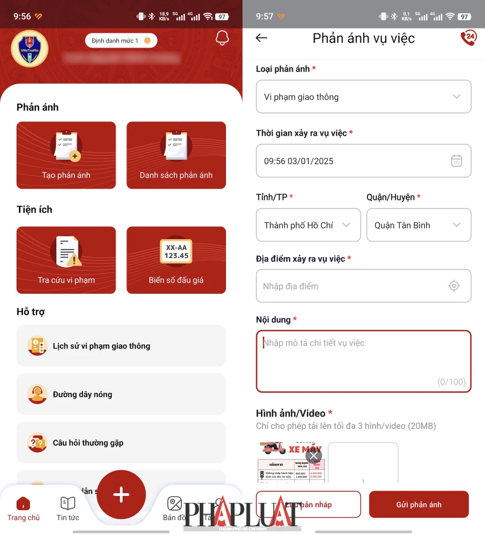 Cung cấp thông tin vi phạm giao thông bằng ứng dụng VNeTraffic. Ảnh: TIỂU MINH
