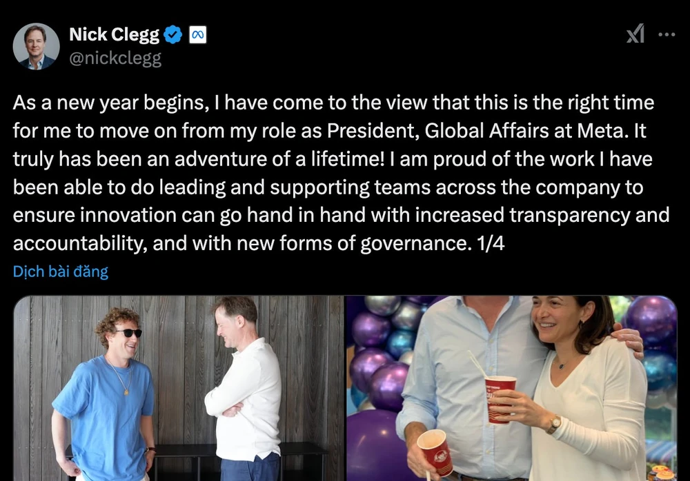 Nick Clegg từ chức giám đốc ở Meta từ đầu năm 2025.