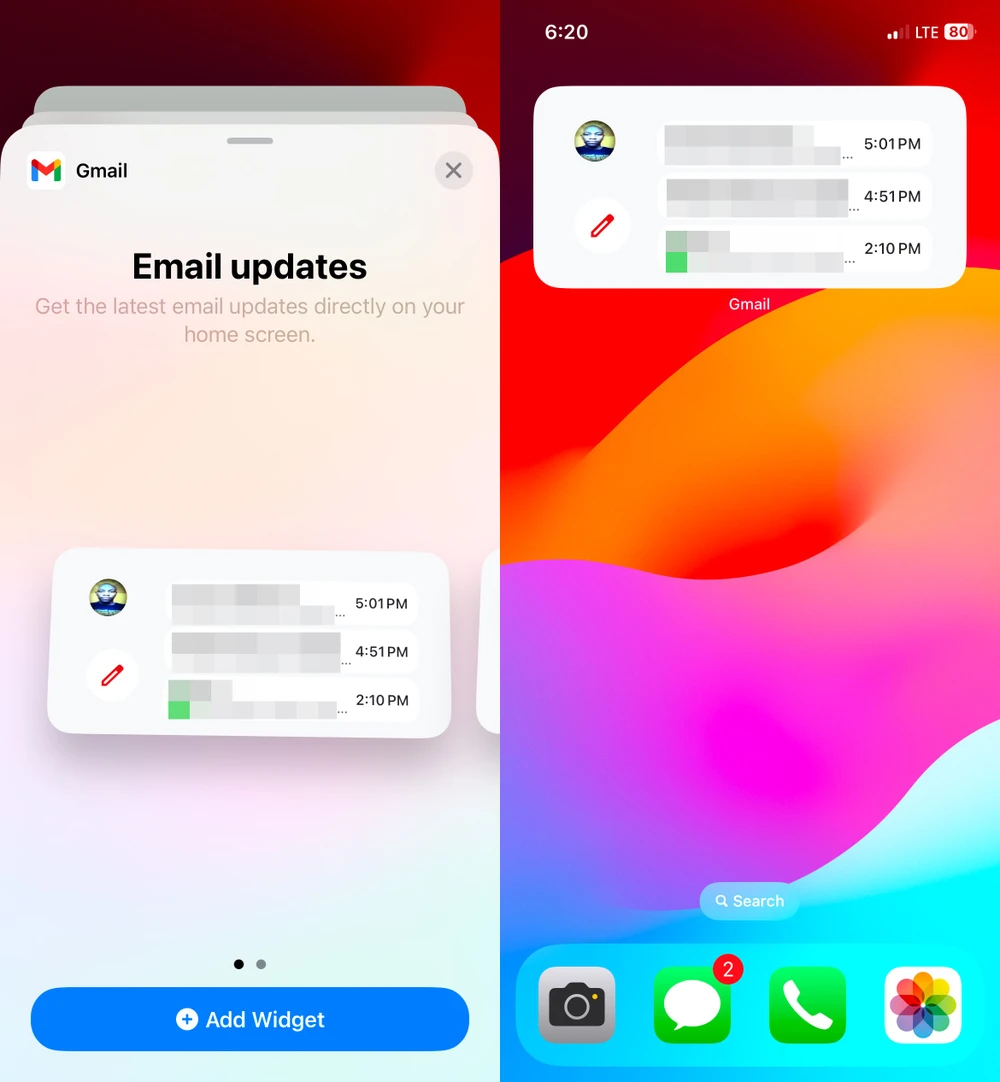Tiện ích Gmail trên iPhone.