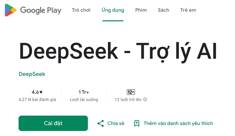 Công cụ DeepSeek AI leo lên vị trí số 1 trong danh mục ứng dụng năng suất. Ảnh: TIỂU MINH