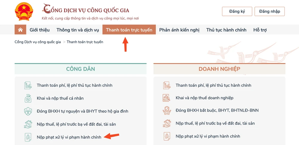 Đóng phạt nguội online thông qua Cổng dịch vụ công quốc gia. Ảnh: MINH HOÀNG