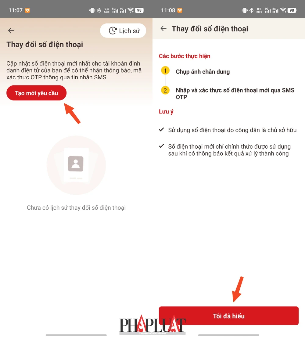 Gửi yêu cầu đổi số điện thoại trên ứng dụng VNeID. Ảnh: MINH HOÀNG