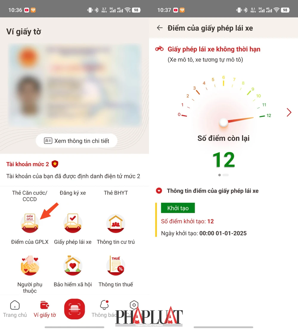 Cách xem điểm GPLX trên ứng dụng VNeID 2.1.15. Ảnh: MINH HOÀNG