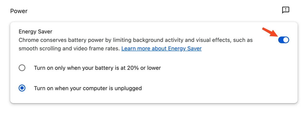 Bật chế độ tiết kiệm pin trên trình duyệt Google Chrome. Ảnh: MINH HOÀNG