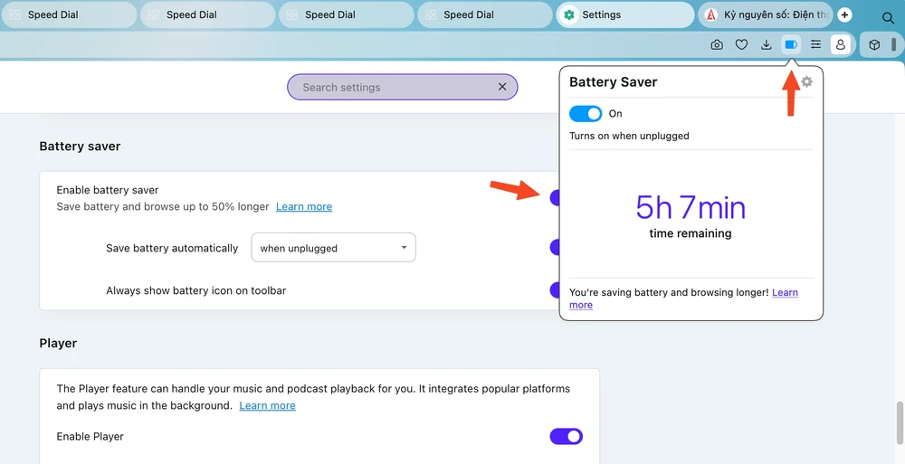 Bật tính năng tiết kiệm pin trên Opera. Ảnh: MINH HOÀNG