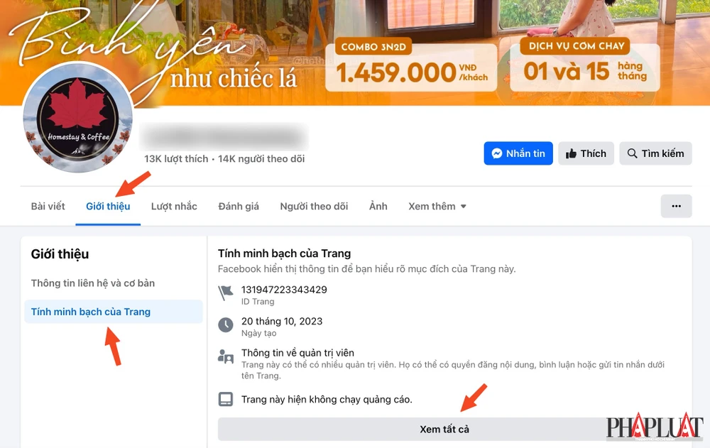 Một fanpage Facebook giả mạo homestay để lừa người dùng tiền cọc. Ảnh: TIỂU MINH