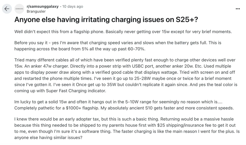 Người dùng phàn nàn về vấn đề điện thoại Samsung Galaxy S25 Ultra hoặc S25+ không sạc nhanh. Ảnh chụp màn hình