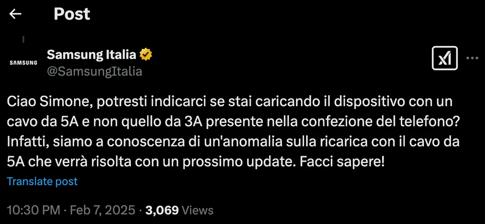 Samsung Italia thừa nhận vấn đề sạc nhanh. Ảnh chụp màn hình