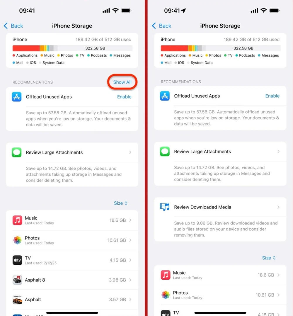Xem lại các đề xuất giải phóng dung lượng lưu trữ trên iPhone.