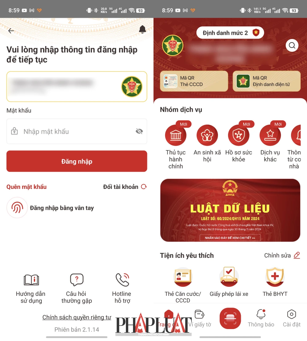 Đăng nhập ứng dụng VNeID. Ảnh: MINH HOÀNG