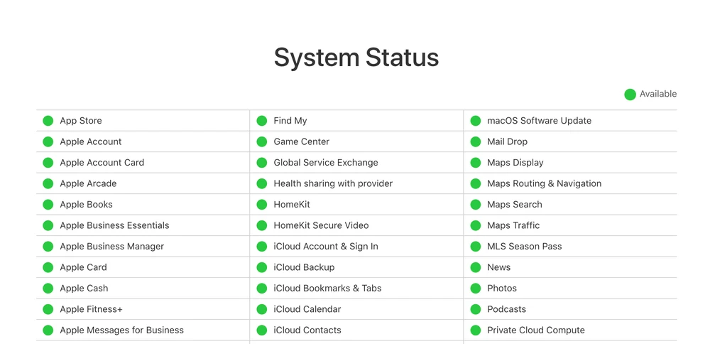 Kiểm tra trạng thái các dịch vụ của Apple. Ảnh: TIỂU MINH