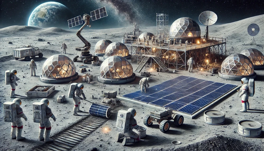 Viễn cảnh con người xây dựng nền kinh tế trên Mặt Trăng. Ảnh: AI