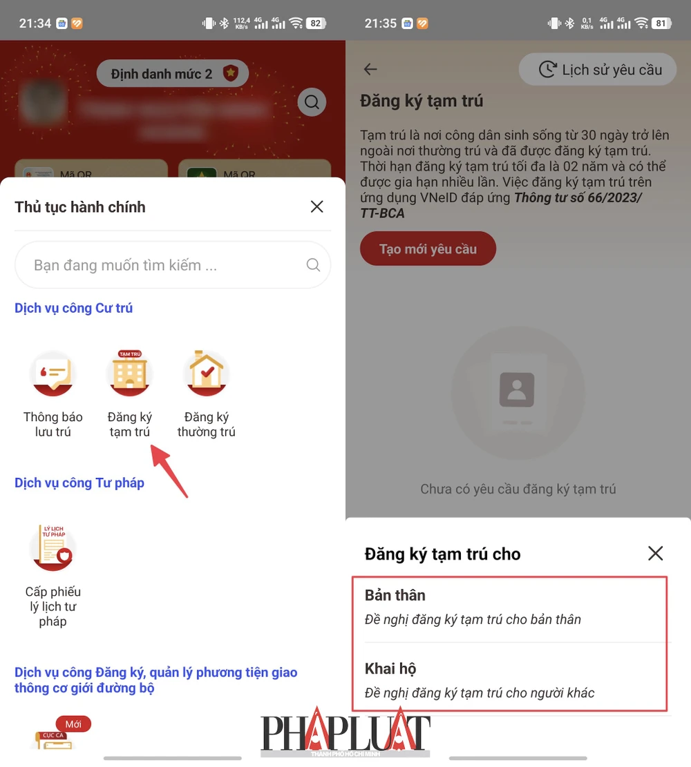 Chọn thủ tục đăng ký tạm trú tương ứng. Ảnh: MINH HOÀNG