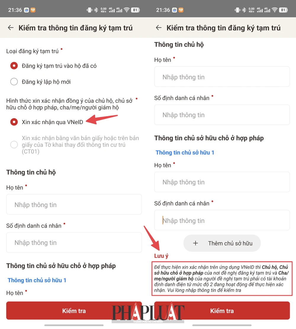 Điền đầy đủ thông tin để đăng ký tạm trú trên ứng dụng VNeID. Ảnh: MINH HOÀNG