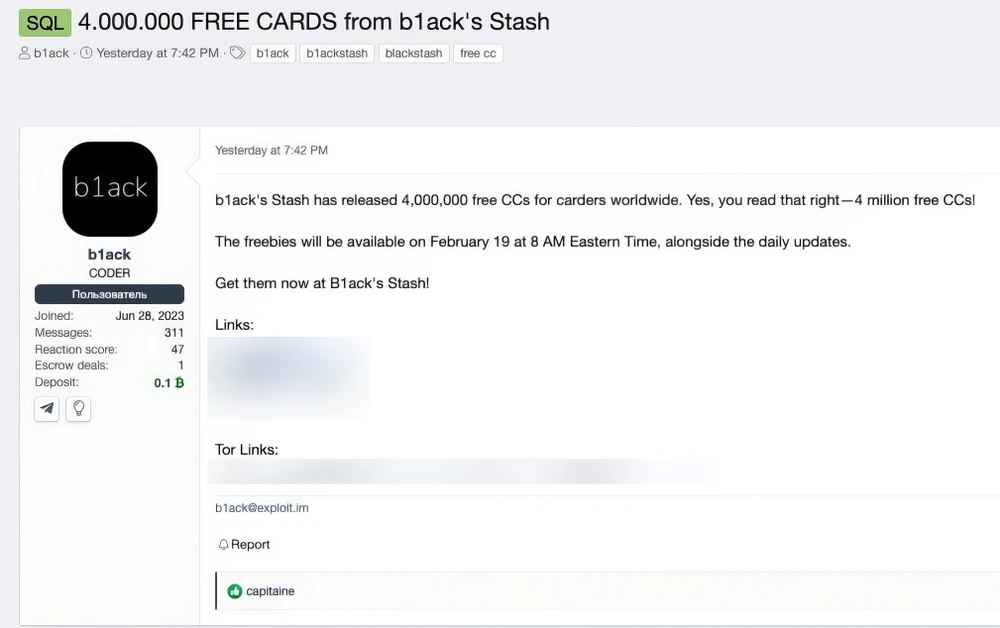 Bài đăng chia sẻ thông tin hơn 1 triệu thẻ tín dụng bị rò rỉ. Ảnh: d3lab