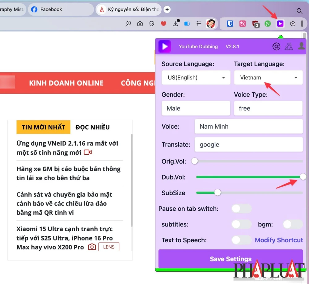Thiết lập tiện ích YouTube Dubbing trước khi sử dụng. Ảnh: MINH HOÀNG