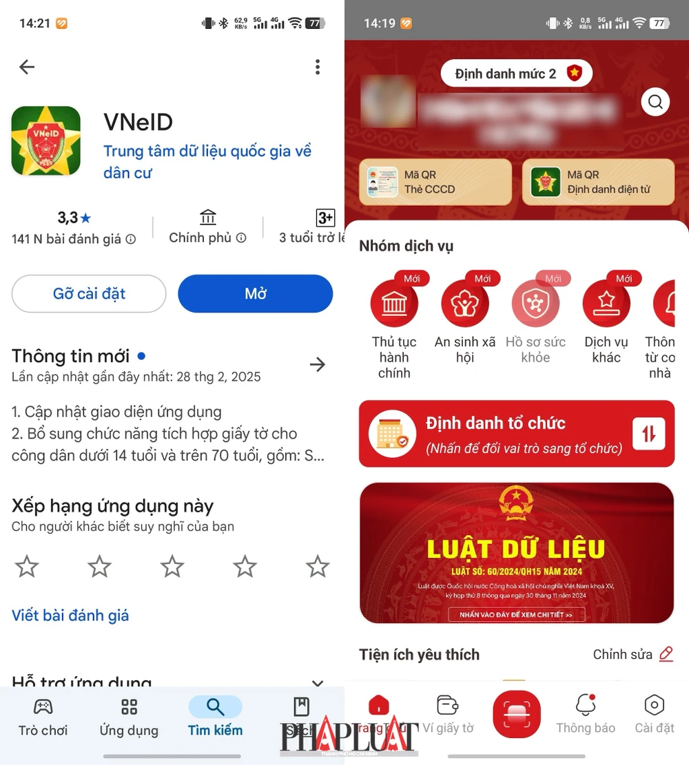 Ứng dụng VNeID 2.1.16 ra mắt với một số tính năng mới. Ảnh: MINH HOÀNG