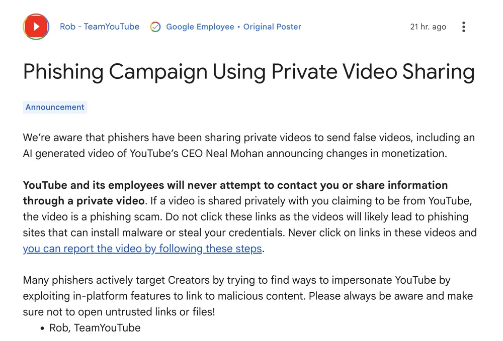 YouTube cảnh báo về trò lừa đảo mới. Ảnh chụp màn hình
