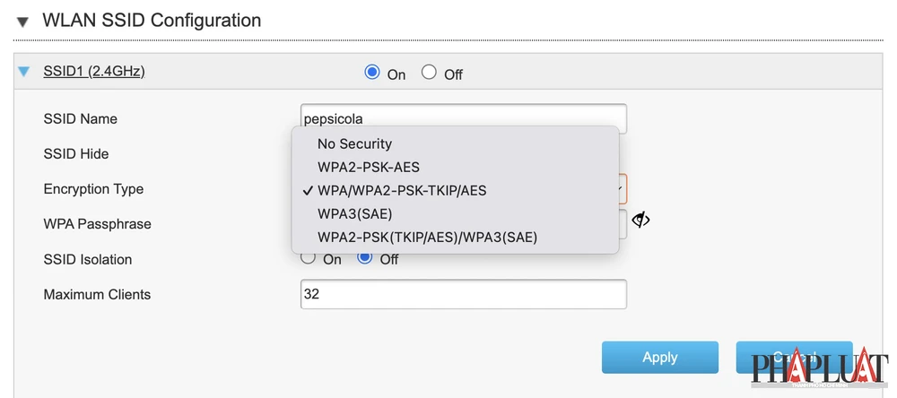 Đổi mật khẩu WiFi và loại mã hóa lên mức cao nhất (WPA3 hoặc WPA2). Ảnh: TIỂU MINH