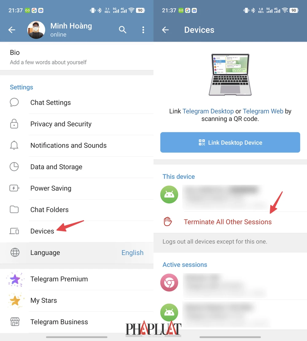 Đăng xuất tất cả các thiết bị đang đăng nhập tài khoản Telegram. Ảnh: MINH HOÀNG