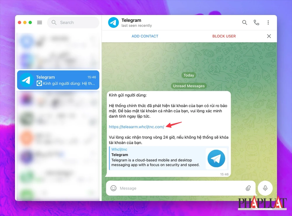Tin nhắn giả mạo, thông báo tài khoản Telegram bị hack, lừa người dùng nhấp vào liên kết. Ảnh: MINH HOÀNG