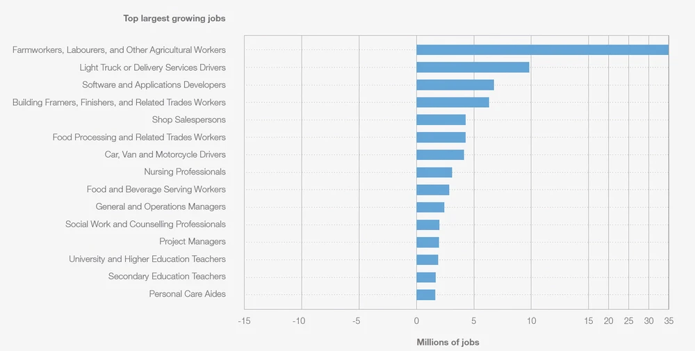 Các ngành nghề có mức tăng trưởng lớn nhất về số lượng việc làm. Biểu đồ này cho thấy sự pha trộn giữa các ngành nghề truyền thống (nông nghiệp, xây dựng, bán lẻ) và các lĩnh vực hiện đại (công nghệ, giáo dục, dịch vụ) trong xu hướng phát triển việc làm. Ảnh: WEF