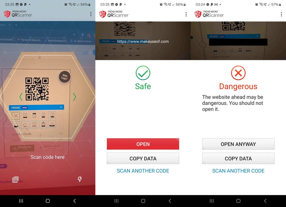 Ứng dụng sẽ hiển thị cảnh báo khi phát hiện mã QR độc hại. Ảnh: Makeuseof