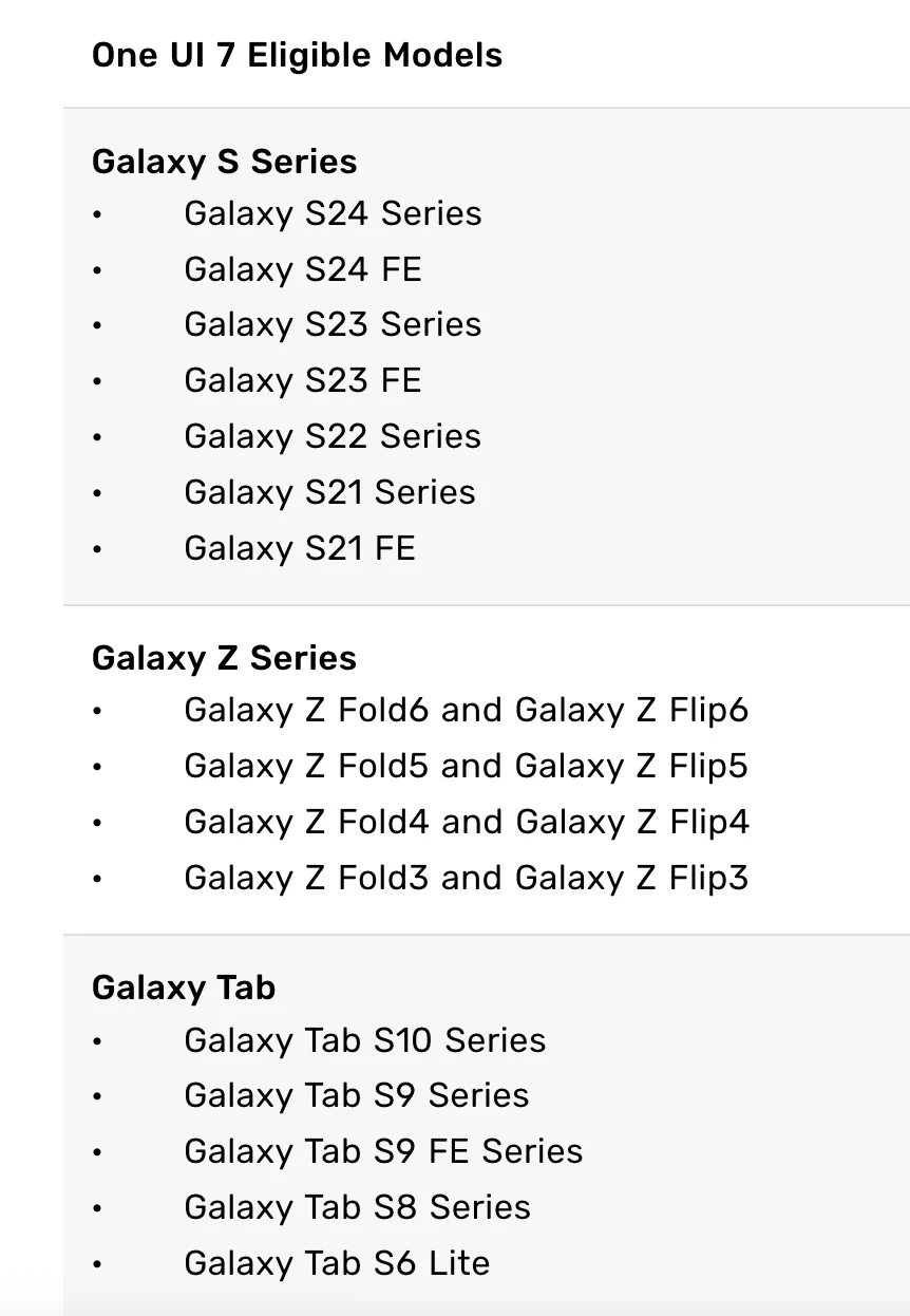 Danh sách các thiết bị Samsung đủ điều kiện cập nhật One UI 7. Ảnh chụp màn hình