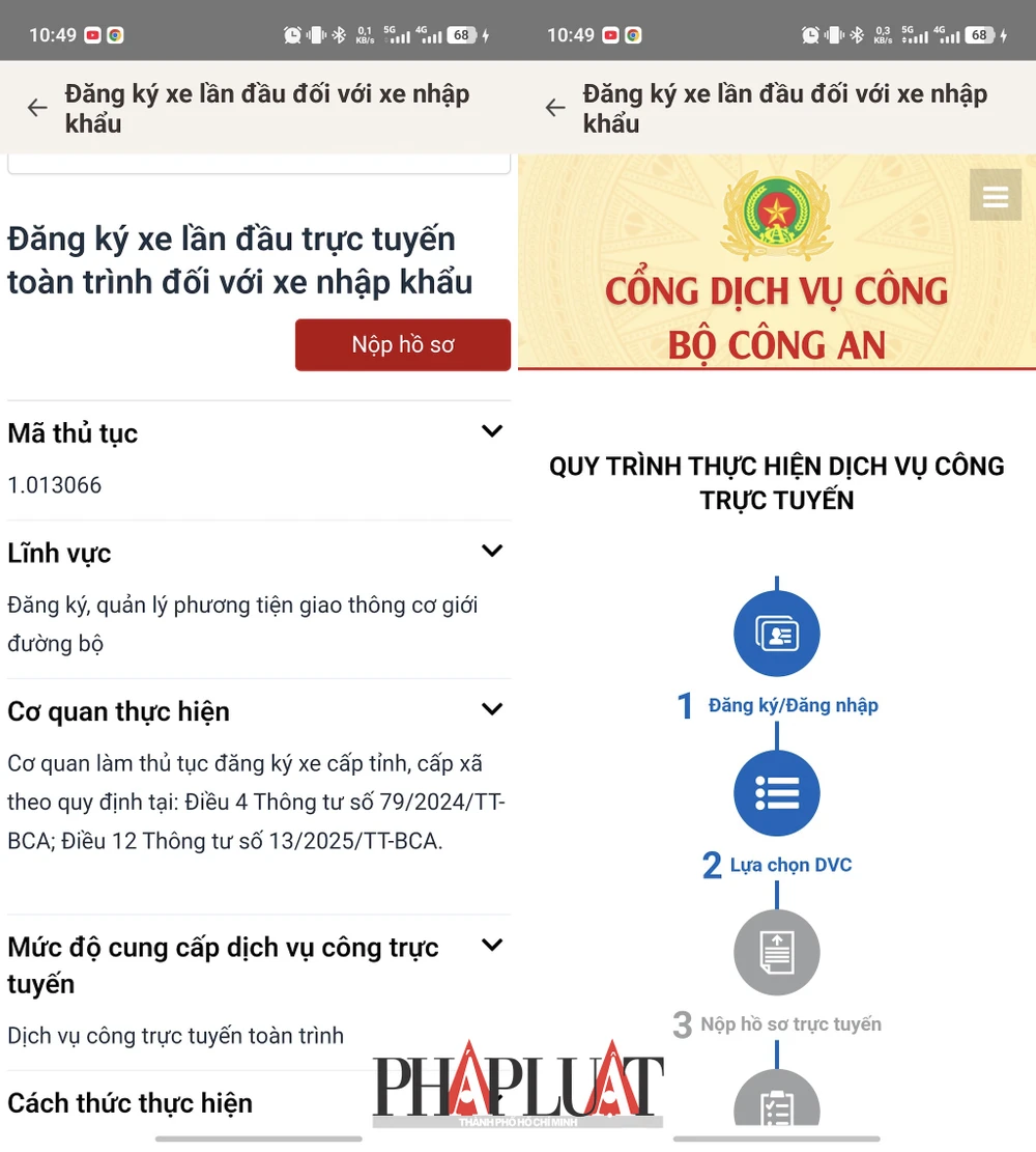 Nộp hồ sơ để bấm biển số xe online trên ứng dụng VNeID. Ảnh: MINH HOÀNG