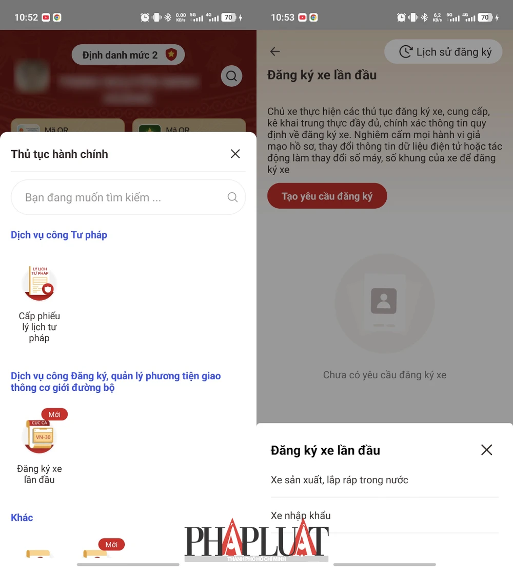 Lựa chọn dịch vụ Đăng ký xe lần đầu. Ảnh: MINH HOÀNG