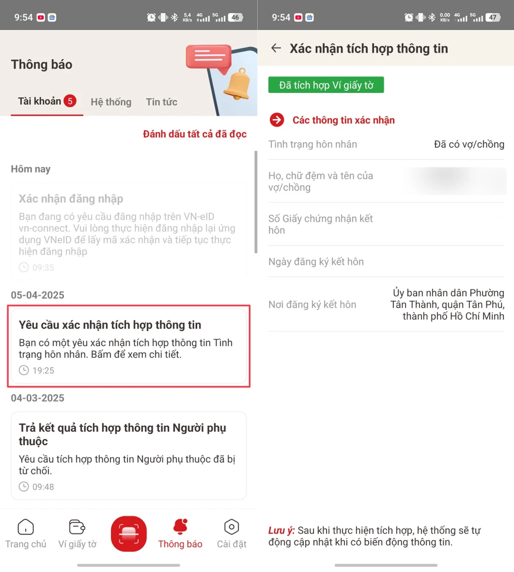 Cách tích hợp tình trạng hôn nhân trên ứng dụng VNeID. Ảnh: MINH HOÀNG
