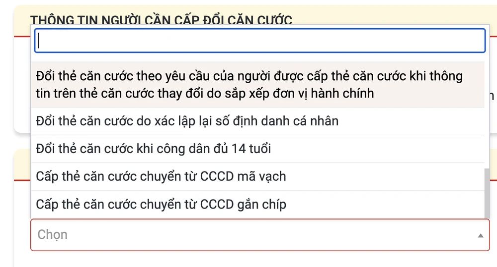 Chọn lý do cấp thẻ căn cước mới. Ảnh: MINH HOÀNG