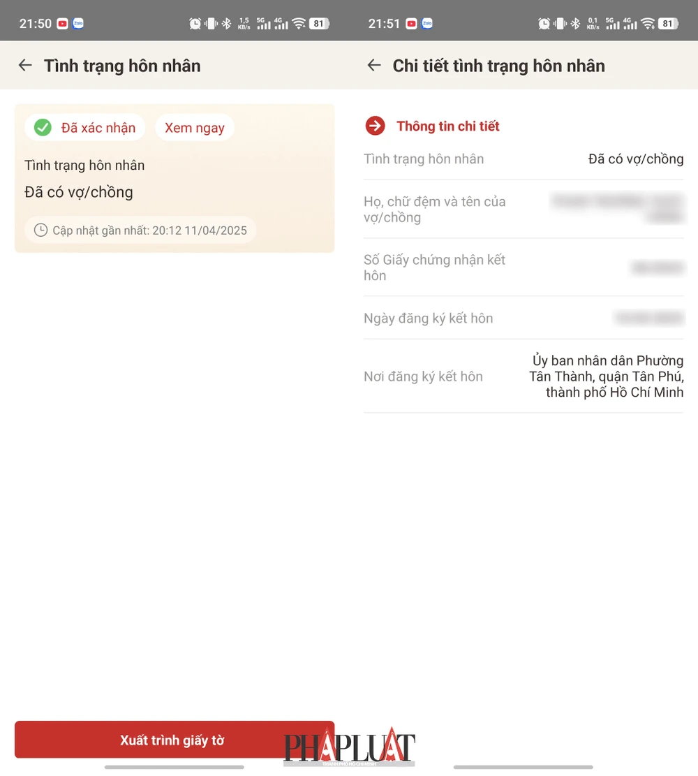 Cách kiểm tra tình trạng hôn nhân trên ứng dụng VNeID. Ảnh: MINH HOÀNG