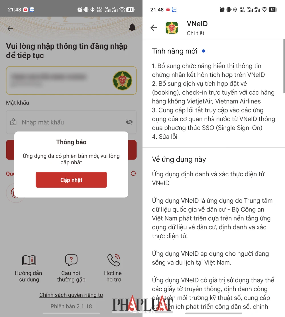 Cập nhật ứng dụng VNeID thông qua Google Play hoặc App Store. Ảnh: MINH HOÀNG