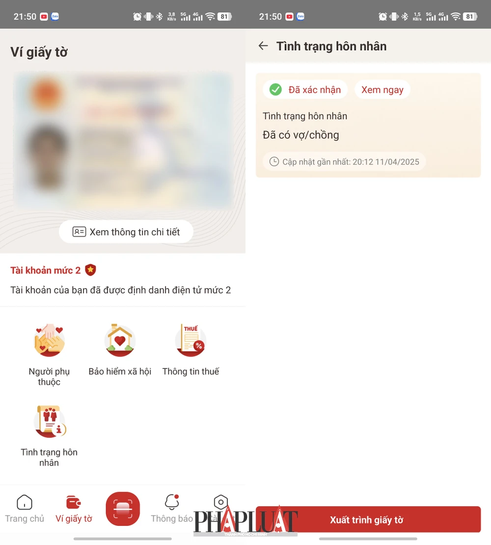 Cách kiểm tra tình trạng hôn nhân trên ứng dụng VNeID. Ảnh: MINH HOÀNG