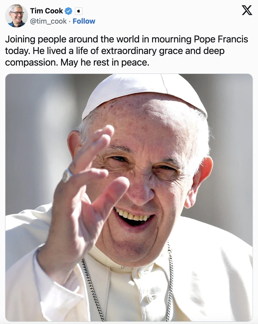 Tim Cook bày tỏ sự tôn kính Đức Giáo hoàng Francis. Ảnh chụp màn hình