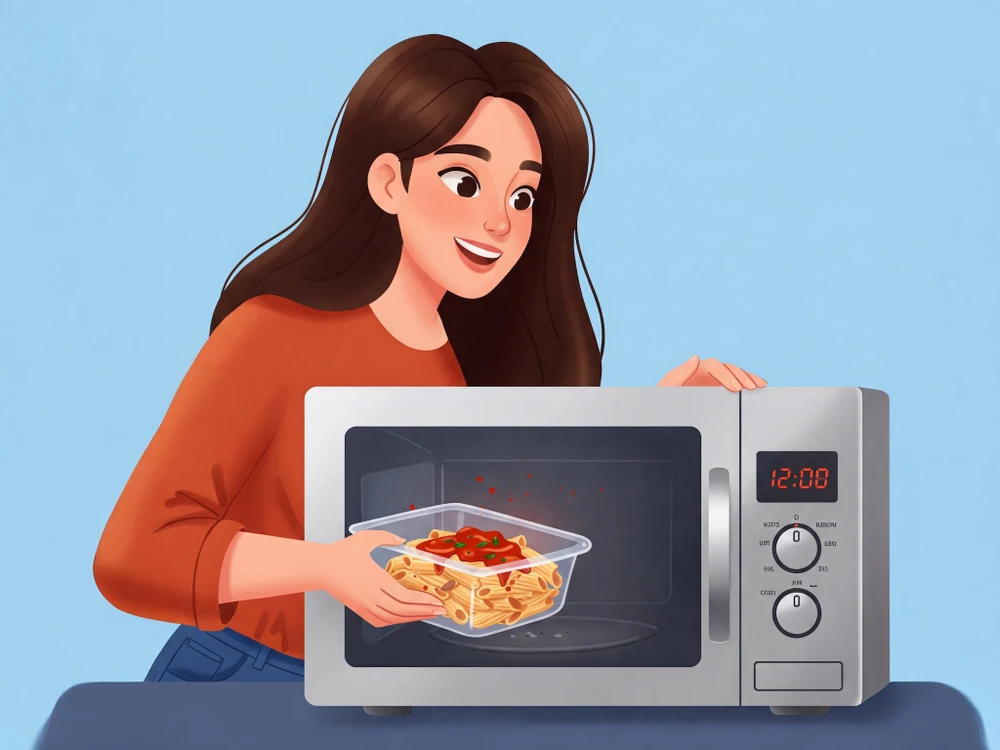Hạn chế sử dụng hộp nhựa khi hâm nóng thực phẩm trong lò vi sóng. Ảnh: AI