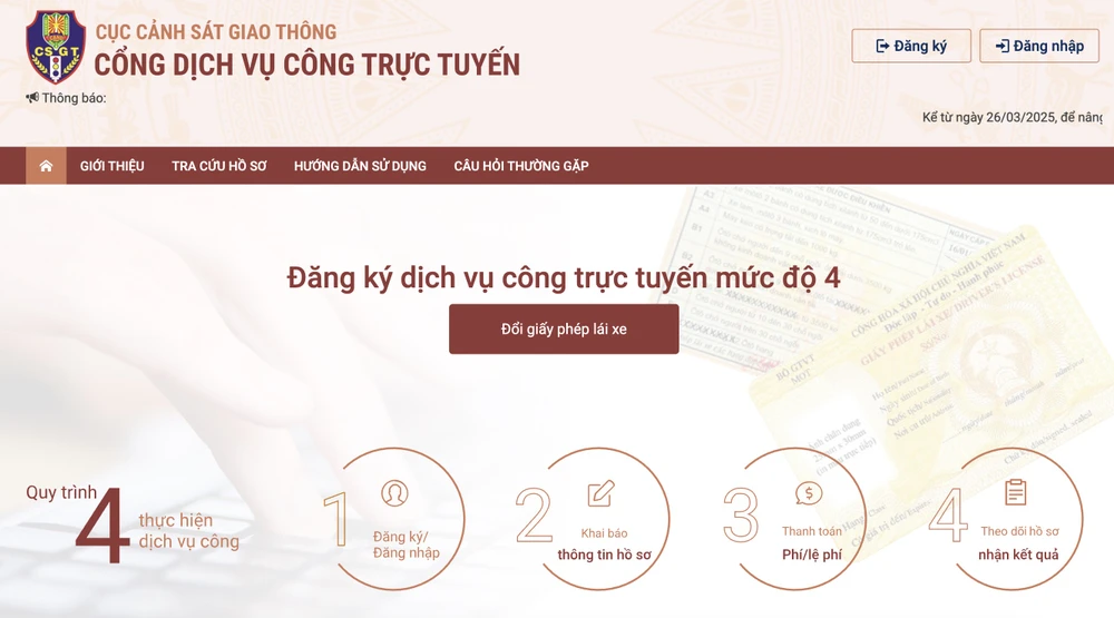 Cách đổi GPLX online mới nhất năm 2025. Ảnh chụp màn hình