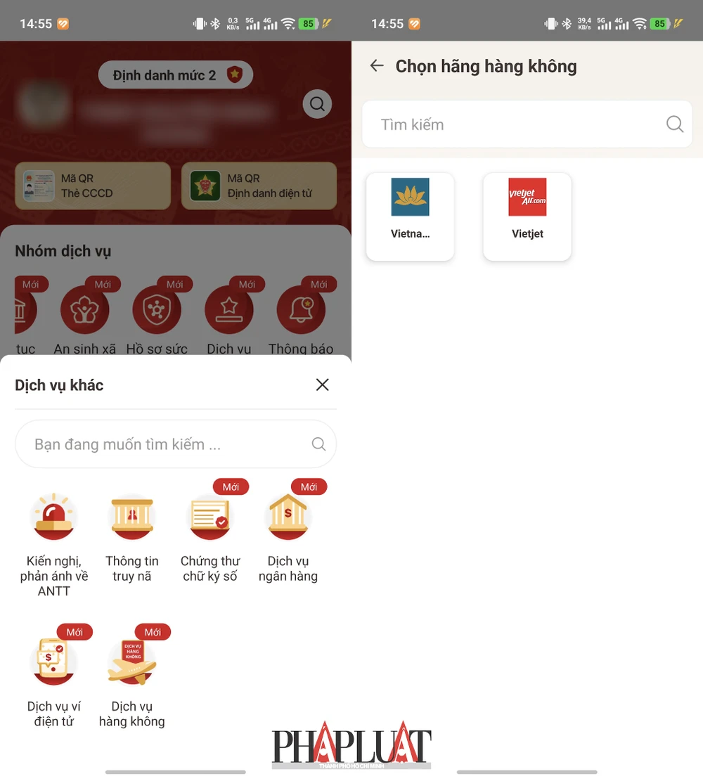 Ứng dụng VNeID 2.1.20 bổ sung một số tính năng mới liên quan đến việc mua vé máy bay, đăng ký tài khoản định danh tổ chức. Ảnh: MINH HOÀNG